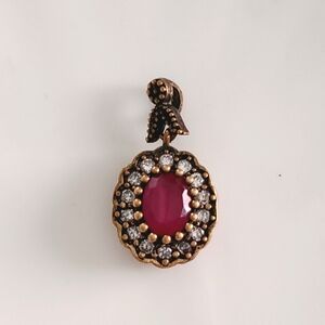 Vintage Antique Boho Sterling Silver Oval Ruby Crystal Pendant